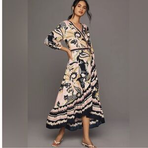 Anthropologie Farm Rio Long-Sleeve V-Neck Wrap Midi Dress Size XL NWT
